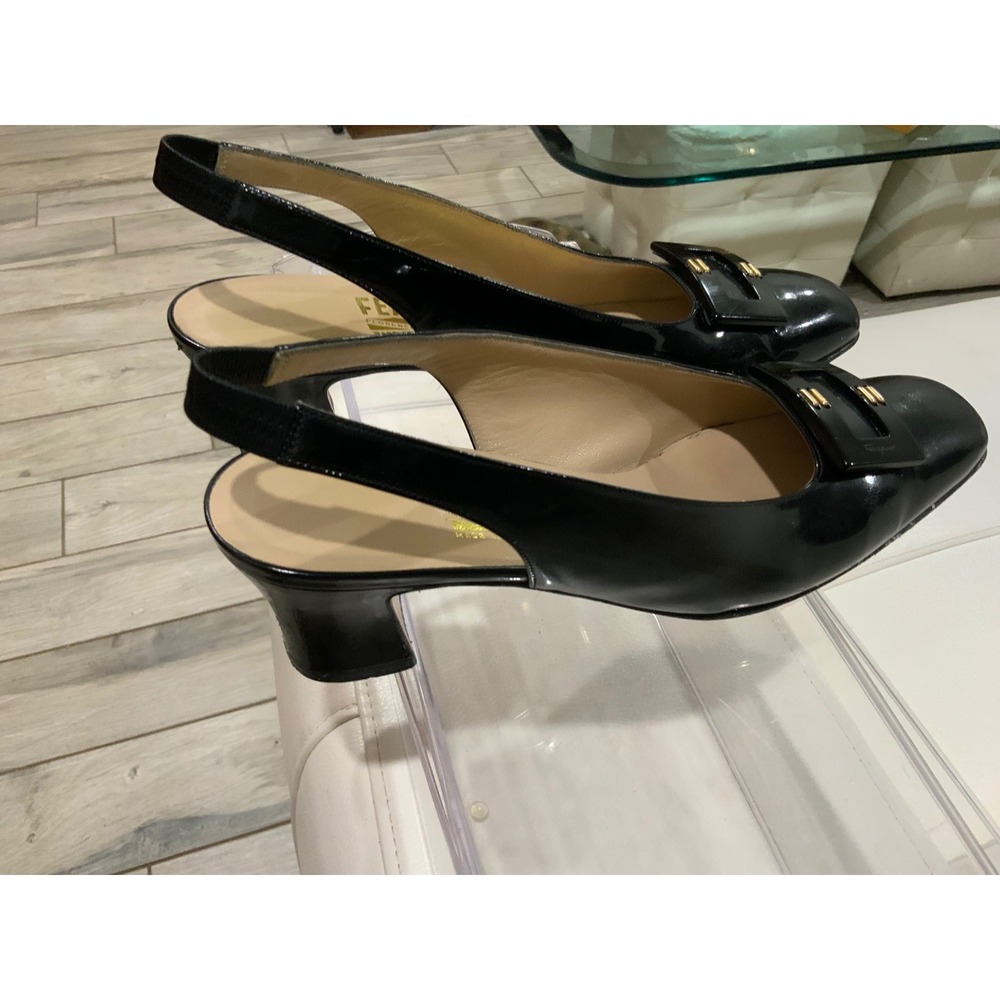 Salvatore Ferragamo Black Patent Leather Slingback Pumps Square Toe E56 8.5 AA - Picture 7 of 11